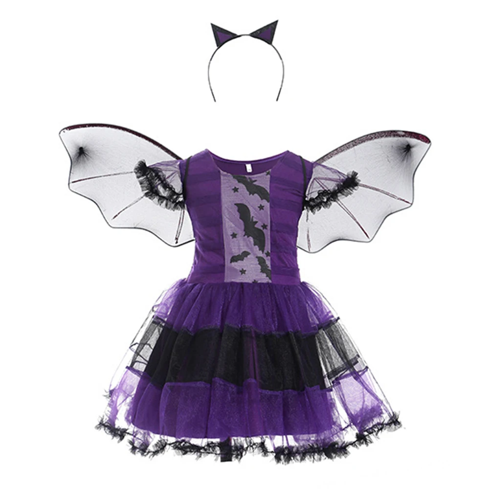 Halloween Girls Purple Bat Costume with Wings Headwear Disguise Orange Witch Dress Up for Girls Evening Party Vampires Costume