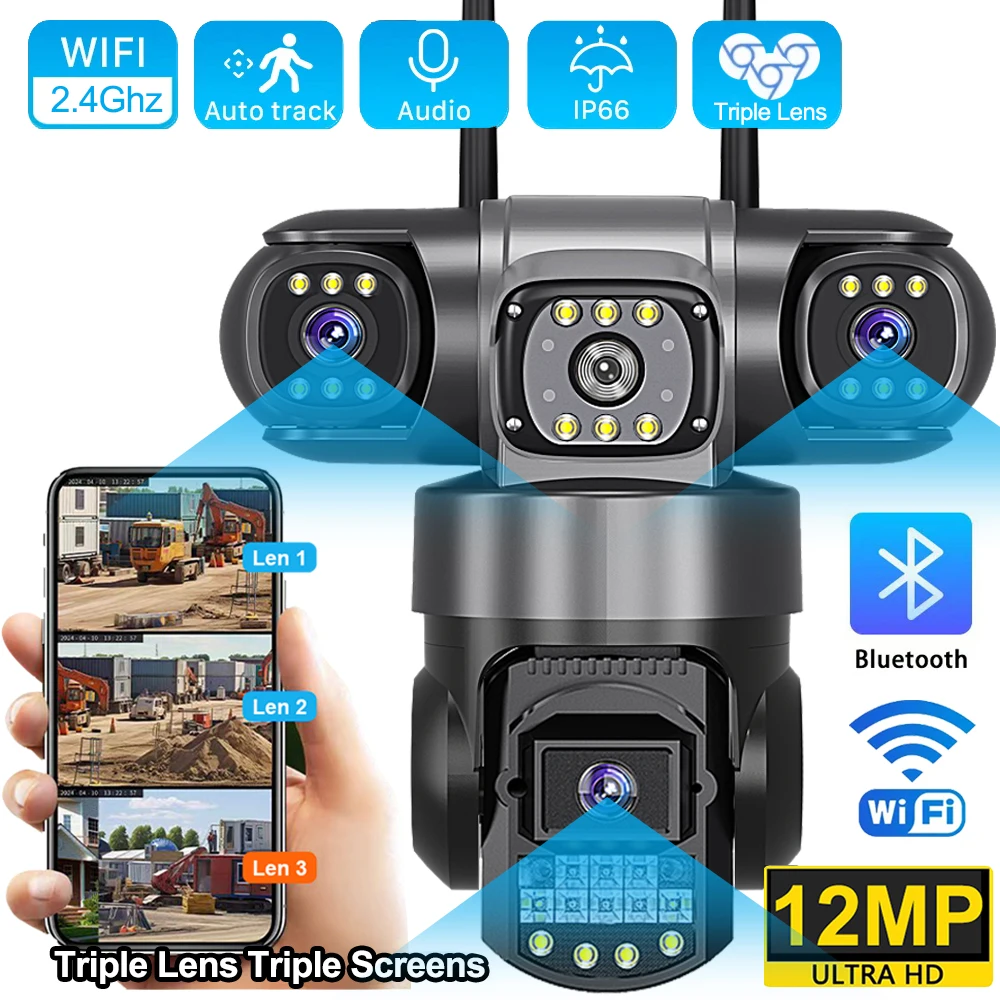 Caméra IP WiFi V380 Pro extérieure 12MP 6K à triple objectif et triple écran, moniteur vidéo de sécurité, vision nocturne, caméras CCTV étanches