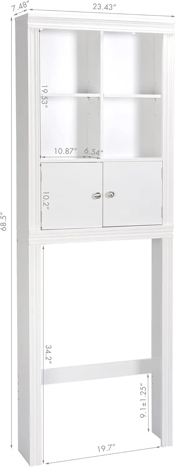 Toilet Storage Cabinet, Above Toilet Storage Cabinet with Doors, Freestanding Bathroom Space Saver, White