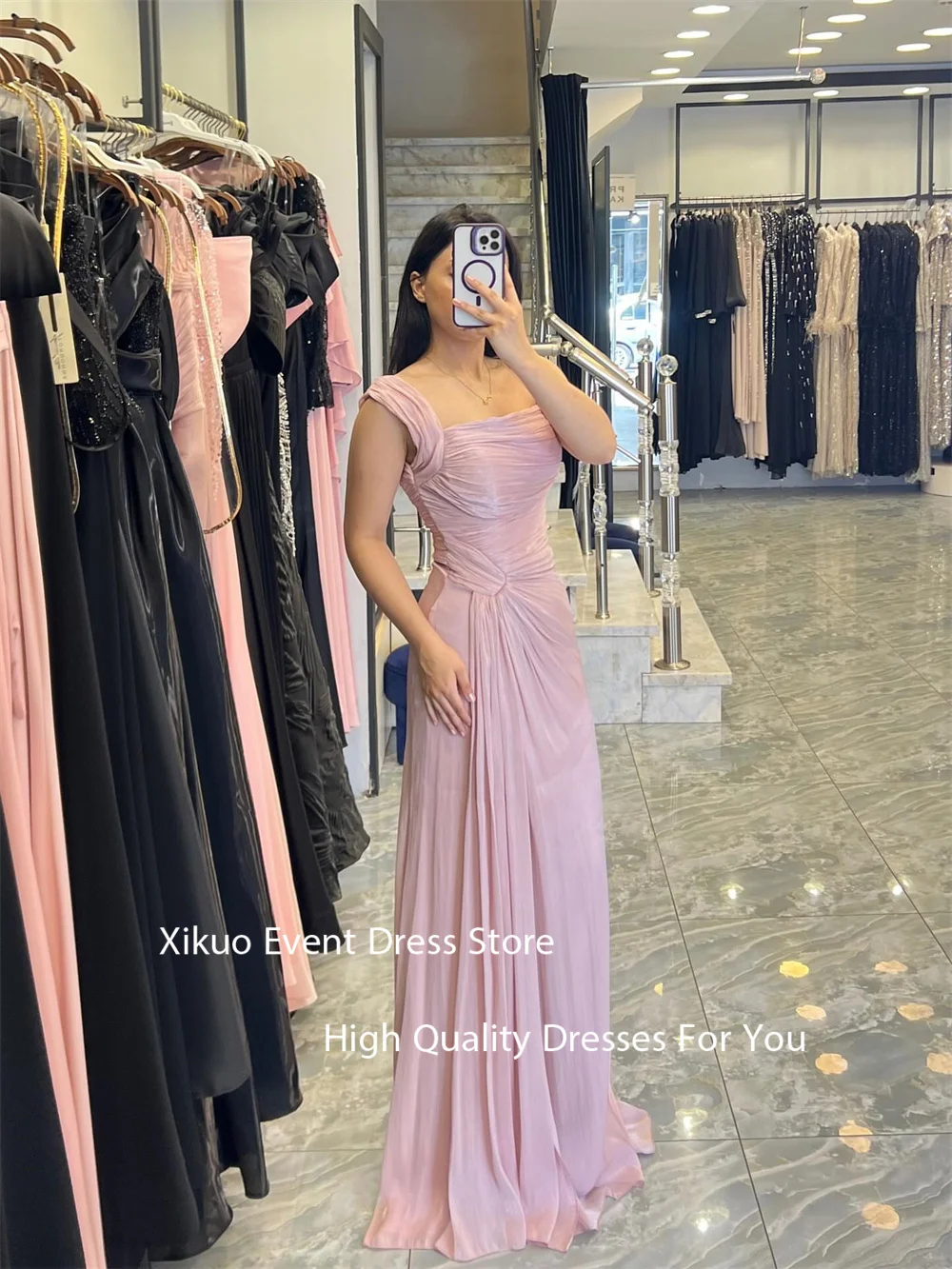 Xikuo Girly A Line Sleeveless Prom Gown Pink Pleated Vestido De Noche Spaghetti Strap Summer Party Pink Evening Dress Customized