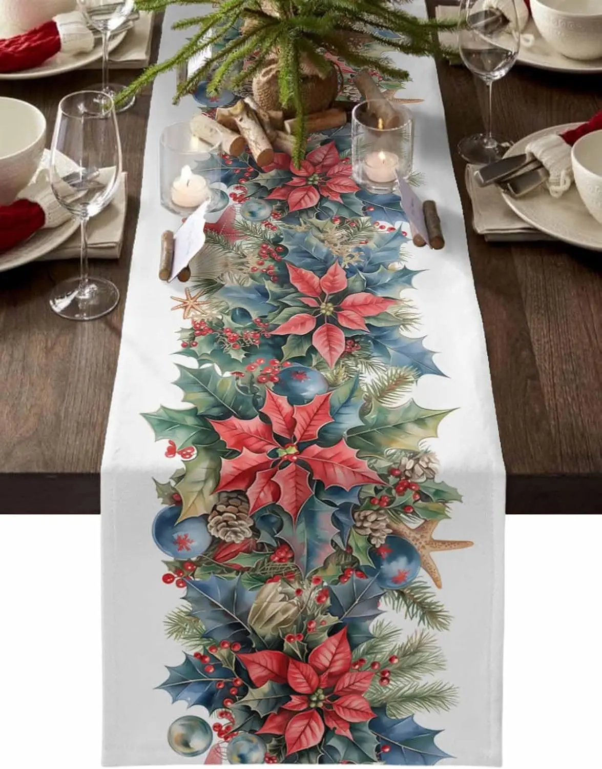 Christmas Poinsettia Starfish Shell Table Runner Dresser Scarves Winter Xmas Kitchen Dining Table Runner Christmas Decorations