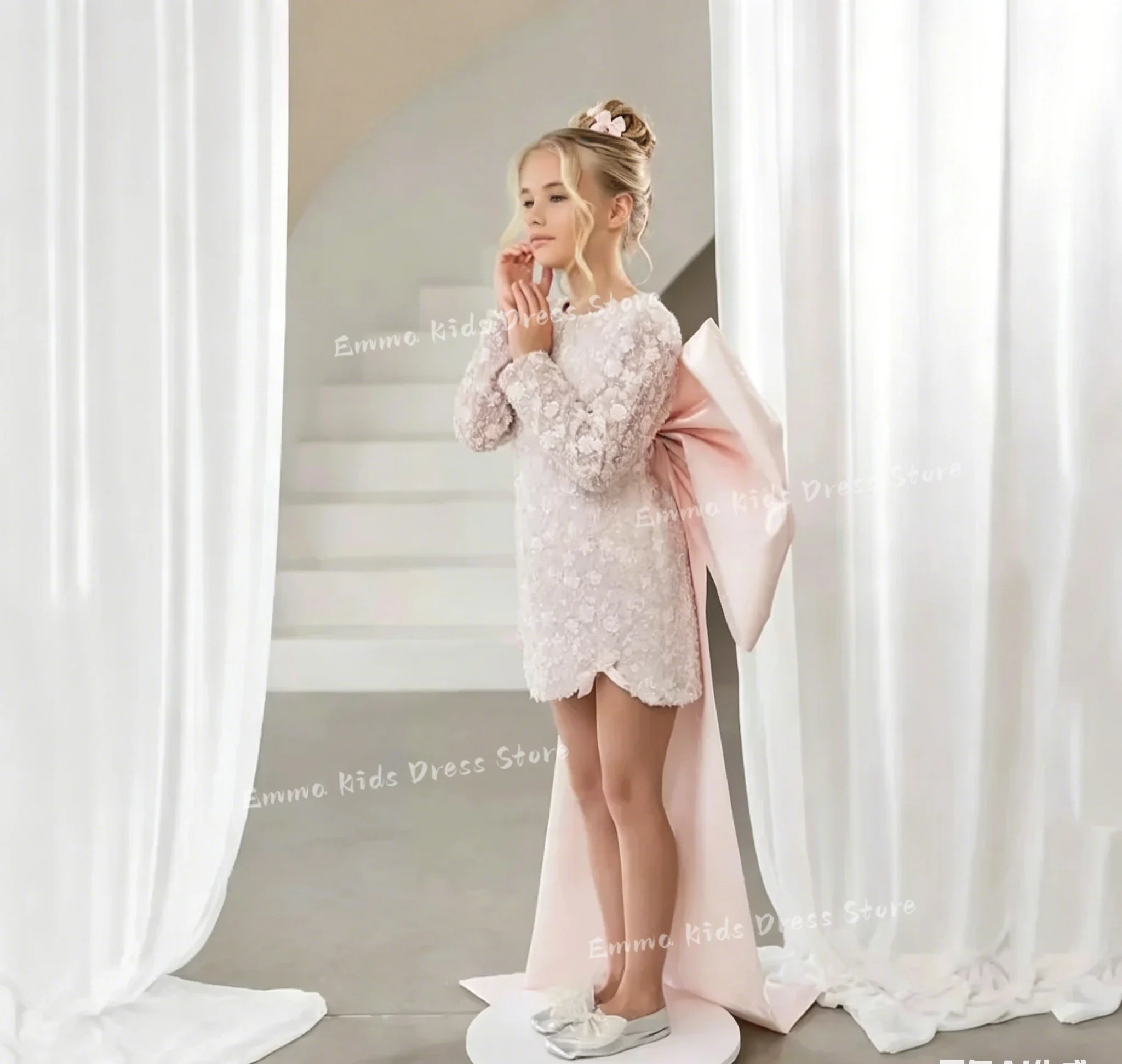 robe-de-princesse-rose-en-dentelle-avec-nœud-et-appliques-col-rond-manches-longues-coupe-trapeze-pour-enfant-robe-de-fleurs-pour-fille-personnalisable-pour-fete-d'anniversaire