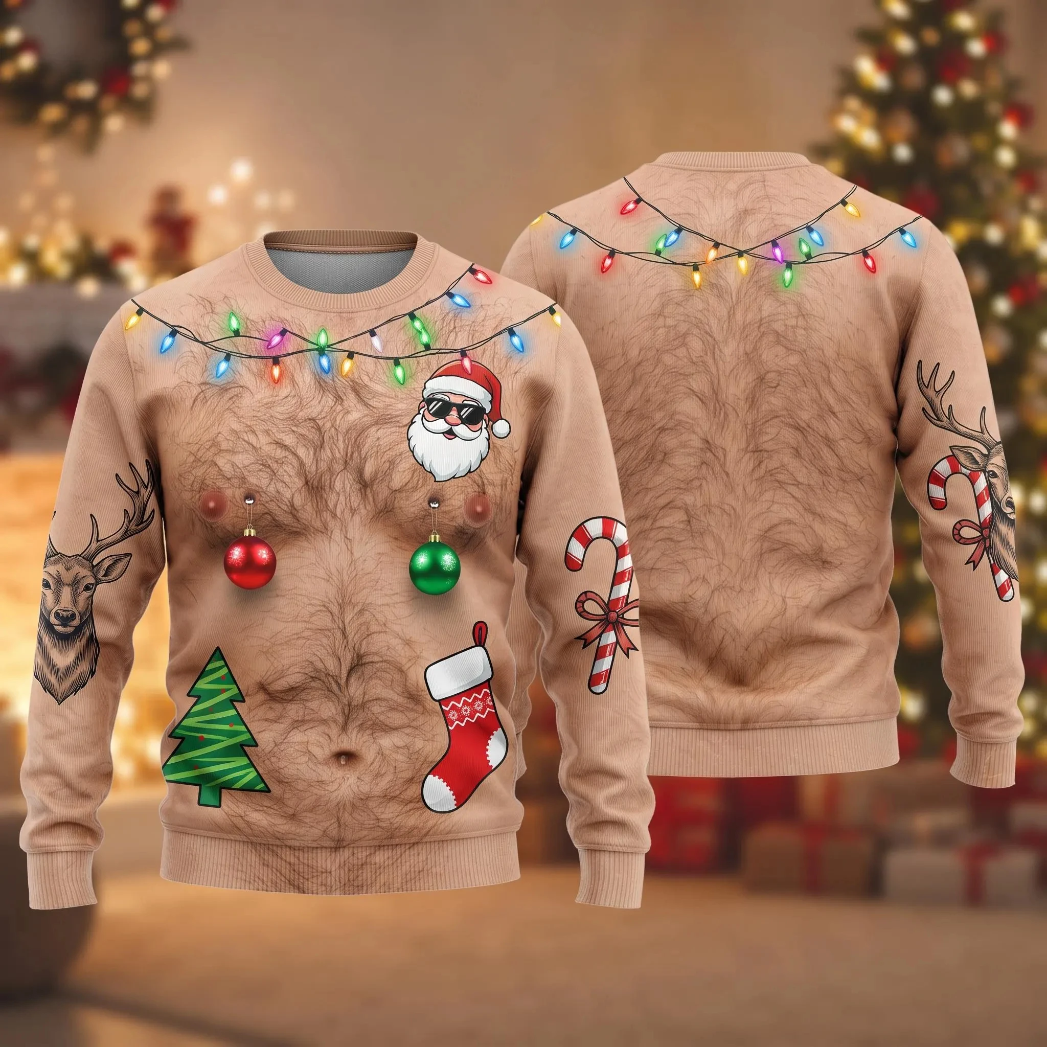 Ugly Christmas Sweater Funny Fake Chest Hair 3D Printed Sweatshirt Kids Adults Santa Xmas Ornament Long Sleeve Holiday Pullover