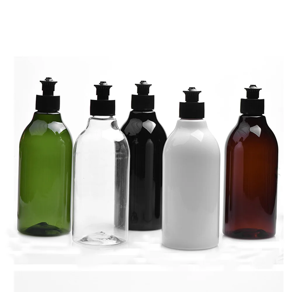 300ml Refillable Squeeze  PET plastic lotion cosmetics bottle with black PP hand pulling lids cap