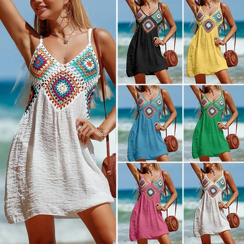 

Crochet Knitted Splicing Colorful Pattern V Neck Tunic Beach Wear Hollow Bikini Cover Up Dress Beach Wear Sarong Swimsuit