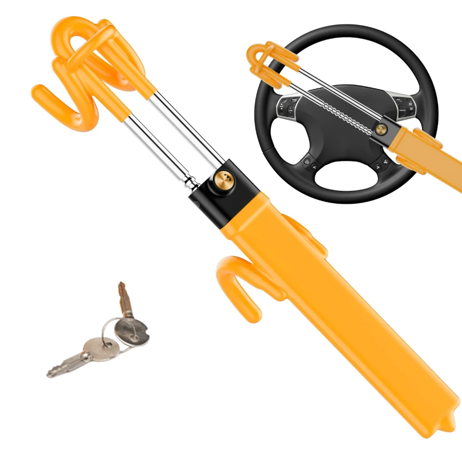 Double Hook Car Steering Wheel Lock Retractable Anti‑Theft Security Lock with Keys for Auto Vehicle Protection