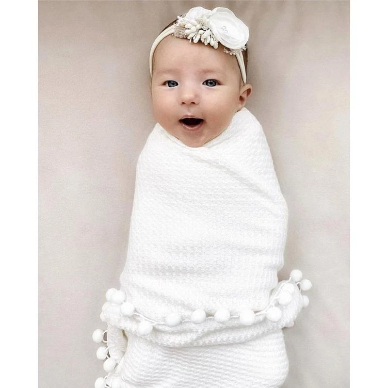 J15U الطفل لينة القطن تلقي بطانية الهراء الحياكة كرات الشعر شرابة قماط التفاف منشفة استحمام الوليد التصوير الدعائم