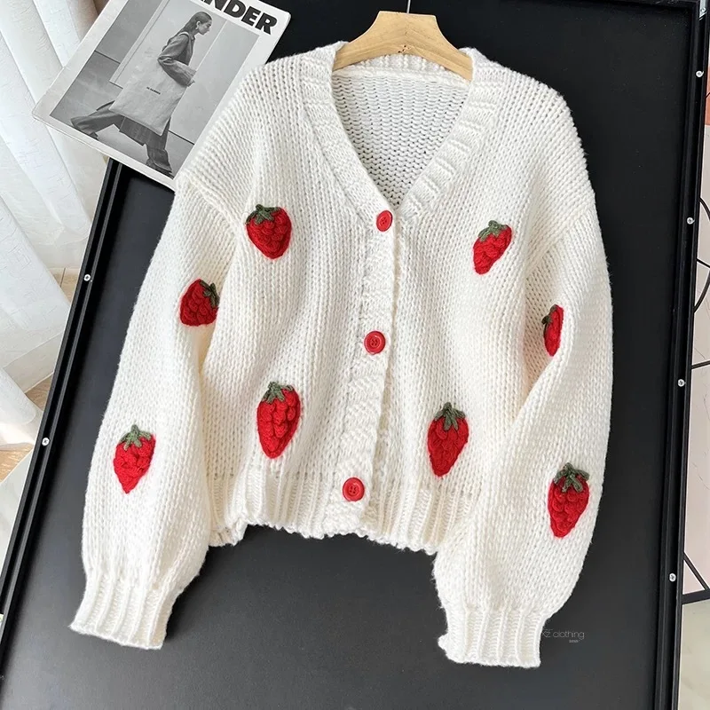 Fashion age reduction three-dimensional embroidery strawberry jacquard knitted cardigan soft waxy skin V-neck sweater