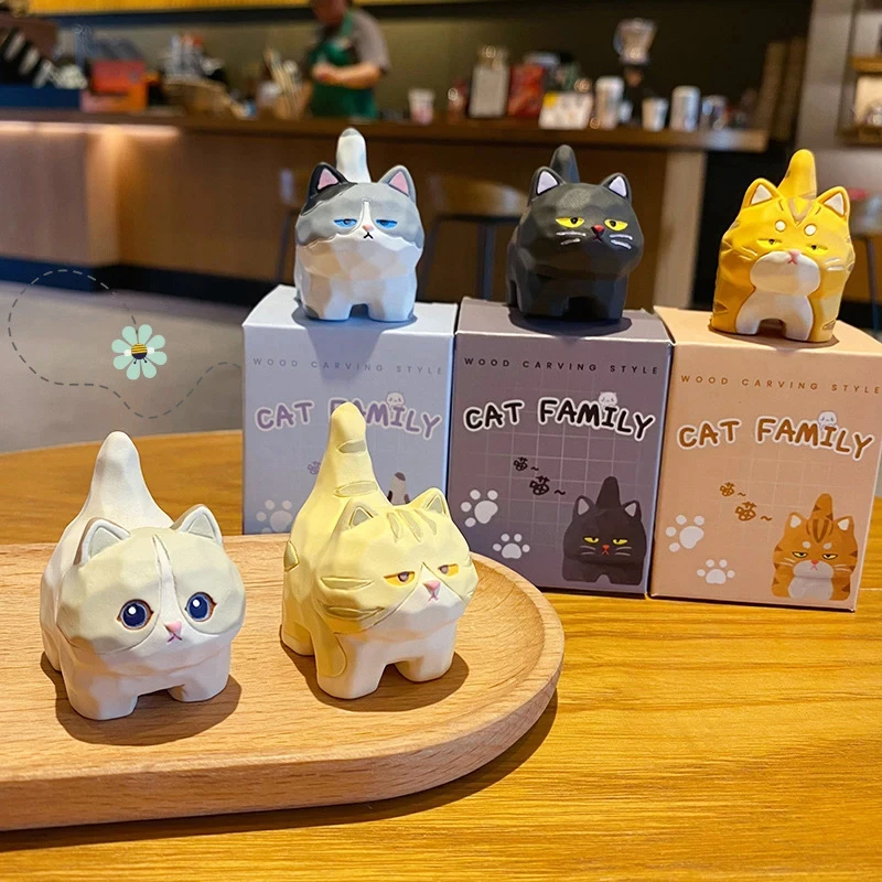 Ornamen kartun kucing dekorasi Interior rumah mobil Meow ukiran kayu gaya Resin ornamen kecil hadiah kreatif asli