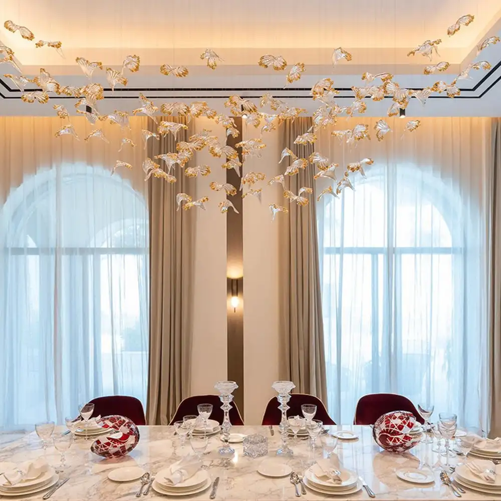 Modern Nordic Gold Ginkgo Leaf Lustre Chandelier, Custom Can Light Glass Pendant Lamp for Villa, Light for Ceilings