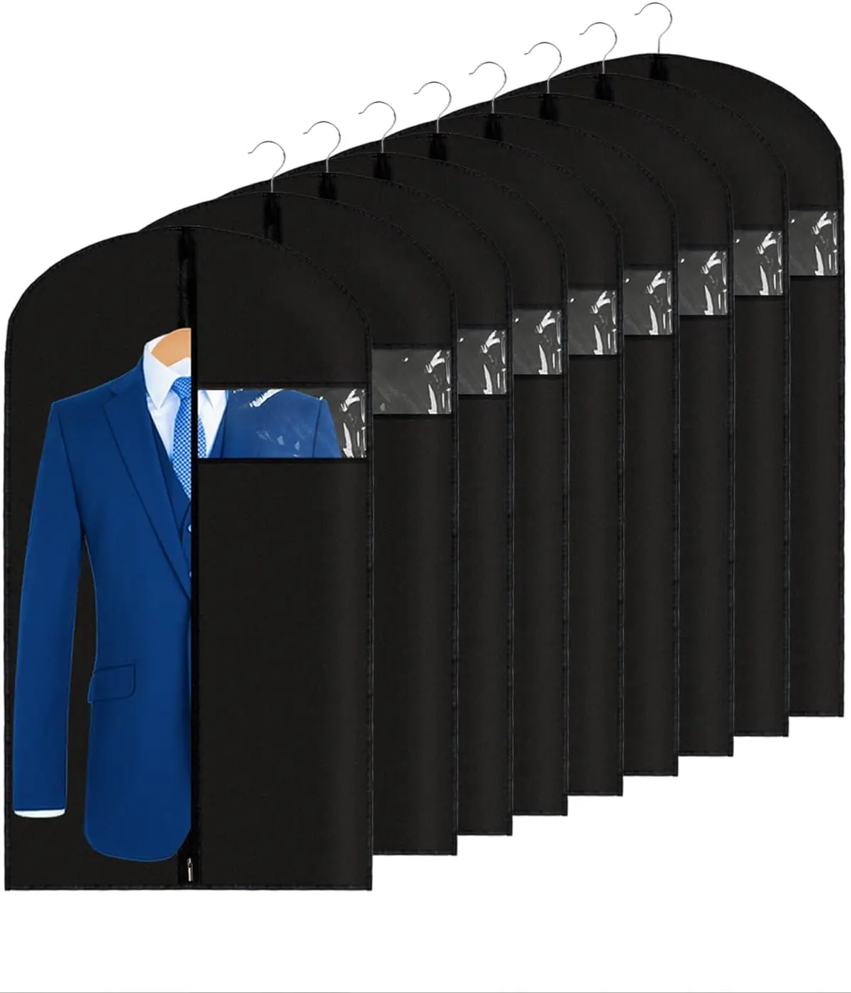 

9-Pack Garment Bags 24x43 Inch, PEVA Suit Covers for Hanging Clothes, Clear Window Design, Durable Zipper, Black