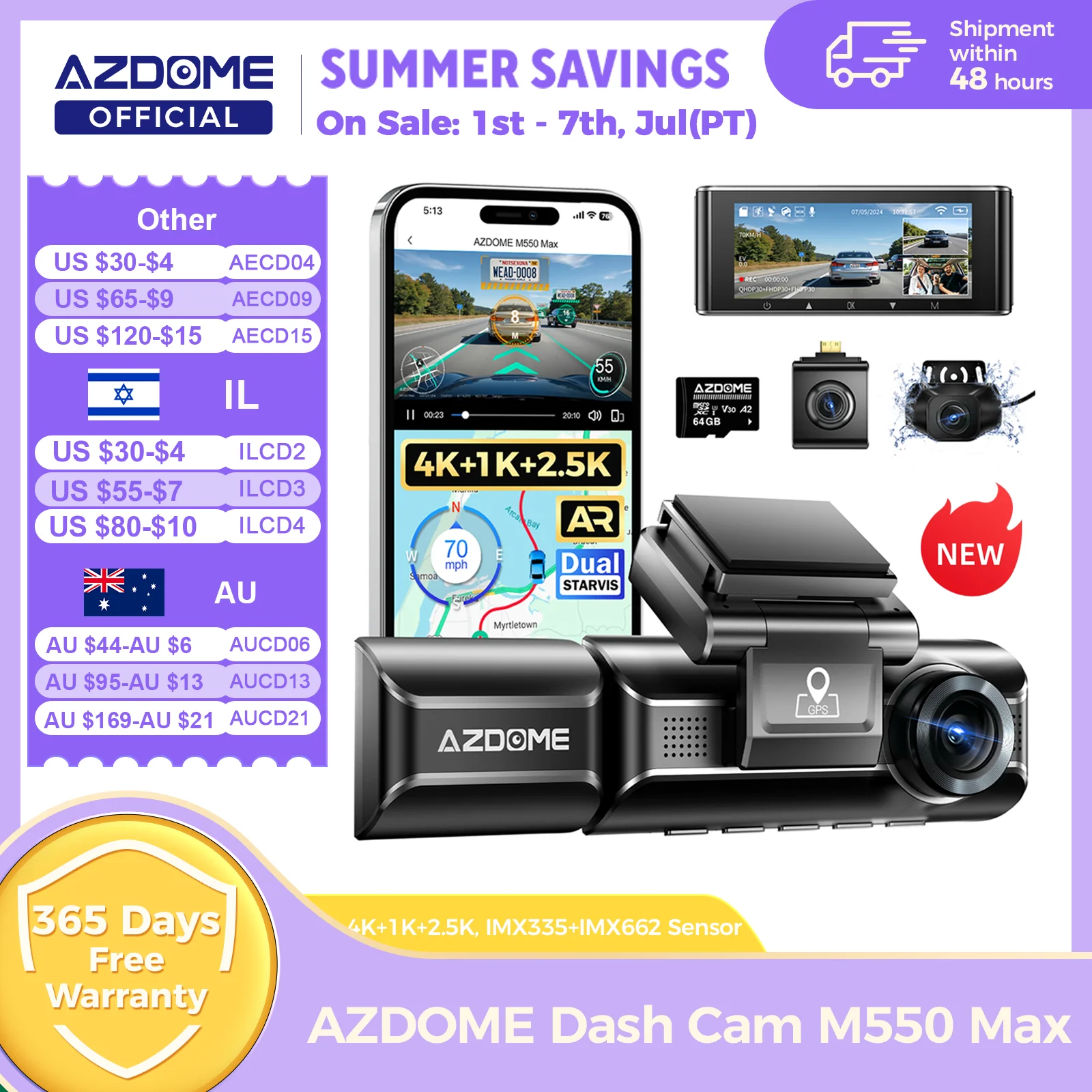 AZDOME M550 Max Dash Cam 4K + 1K + 2,5 K GPS incorporado WiFi 150FOV cámara de coche 24H Monitor de estacionamiento visión nocturna cámara de salpicadero para coches