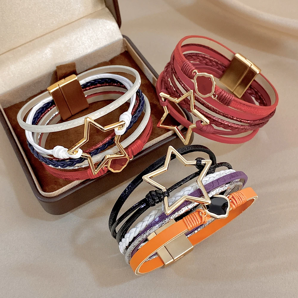 ALLYES Vintage Armband aus gewebtem Leder mit ausgehöhltem Stern für Damen, klobiges Boho-Mehrschicht-Armband, breites Wickelarmband, Charm-Schmuck – Detail 15