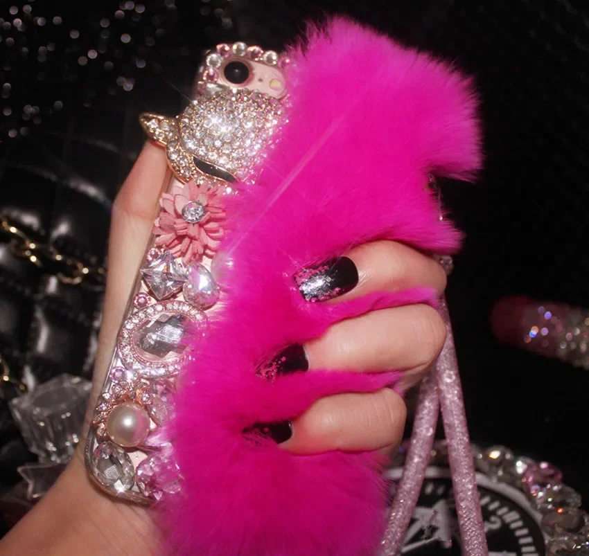Luxury Soft fluffy Rabbit Fur Bling Diamond Fox Head Flower Pearl Phone Case For iPhone14 16 12 13 15Pro Max XR XS 16Plus Case
