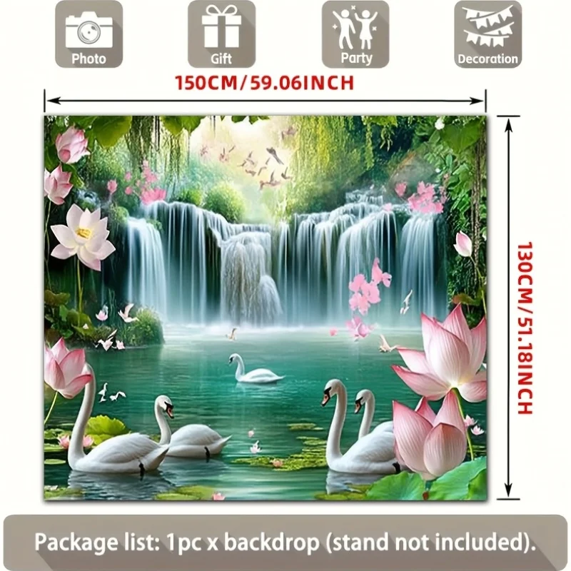 Aesthetic Waterfall Garden Mural Backdrop Wallpaper Photo Booth Wall Decoration Luxury SwanLotus Tropical NatureParty Background