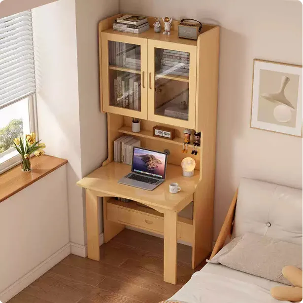Solid wood home folding desk bookshelf integrated bedroom bedside computer desk bookcase combination learning table log wind