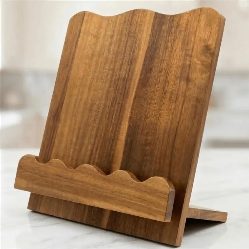 ALIM-For Cookbooks& Tablets Compatible Beautiful Wooden Cookbook Stand- Solid Wood Scalloped Design For Kitchen Counter Book Hol