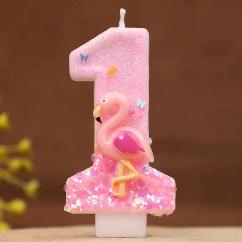 0-9 Number Cake Candle Pink Glitter Birthday Number Candles with Flamingos 1 Year Baby Birthday Cake Decorations