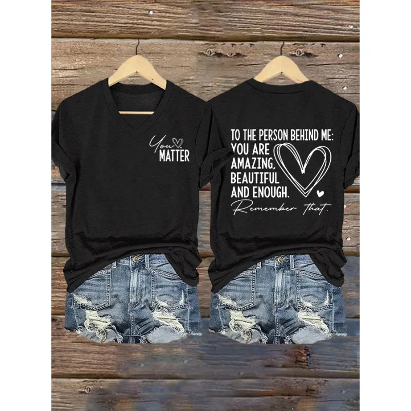 ilstile Women's Mental Health Print T-Shirts Short Sleeve  V Neck Summer Black White Tops Casual Blue Tees New Arrival