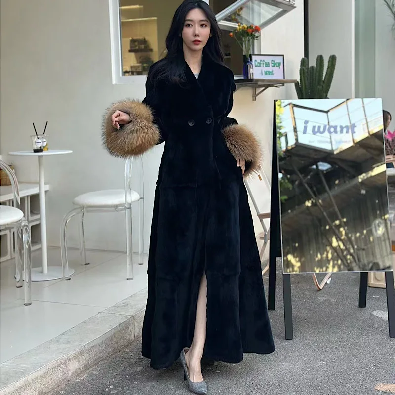 

2023 New Real Featured Leather Real Woven Whole Raccoon Dog and Rex Rabbit Fur Coat Street Warm women's winter Long fur coat