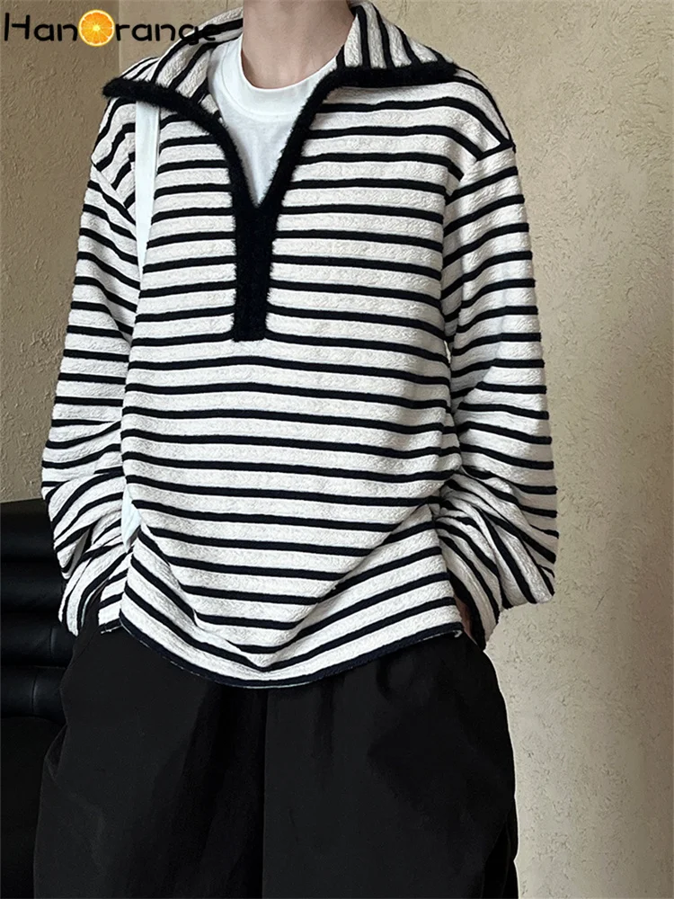 

HanOrange 2025 Navy Plush Contrasting Texture Black White Striped Hoodie Autumn Lazy Loose Top Black/Apricot