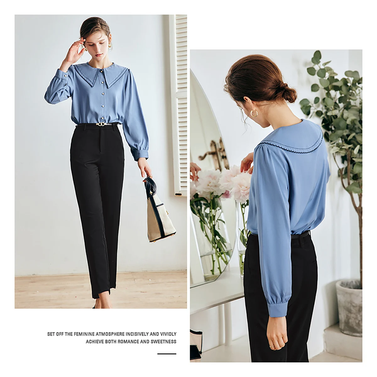 OLrain Franse Stijl Blauw Vrouwen Shirt 2023 Herfst Kantoor Dame Losse Geborduurde Revers Pofmouwen Elegante Blouses O22QC00812
