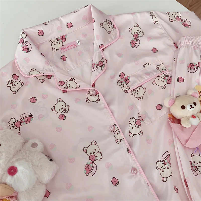 Conjuntos de pijamas rosas Rilakkuma Korilakkuma, ropa de dormir, oso de Anime, ropa bonita Kawaii para primavera y verano para mujeres y adolescentes