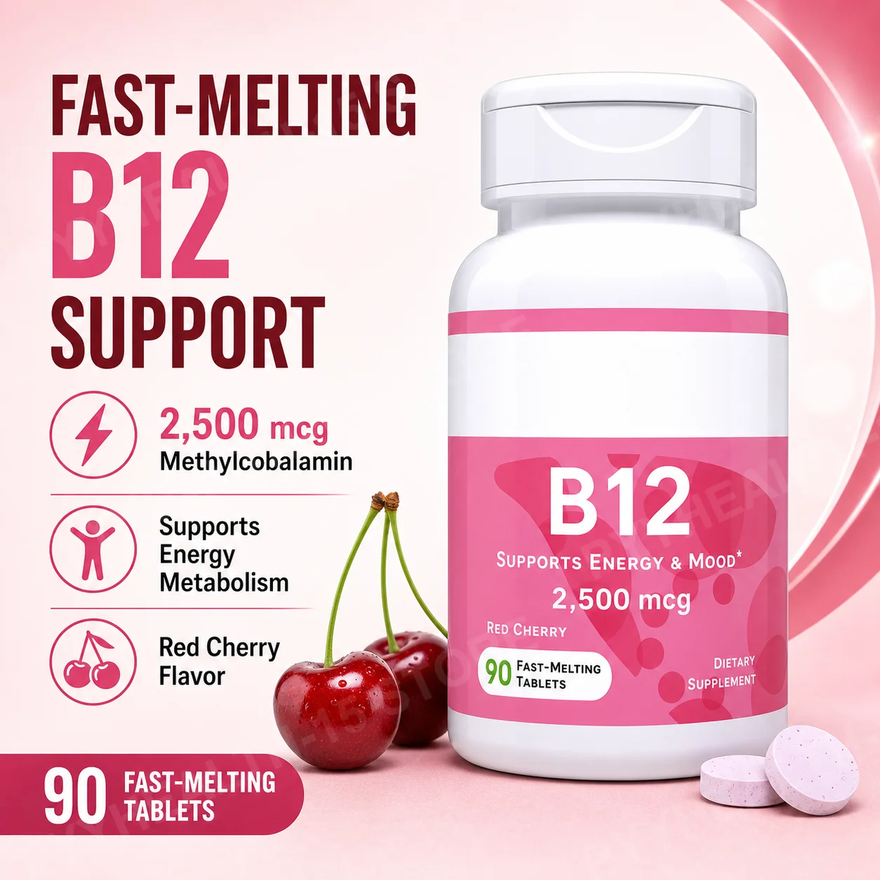 

Methylcobalamin Vitamin B12 2500mcg Fast Dissolve Tablets 90 Servings Cherry Flavor Daily Energy Metabolism Support for Adults