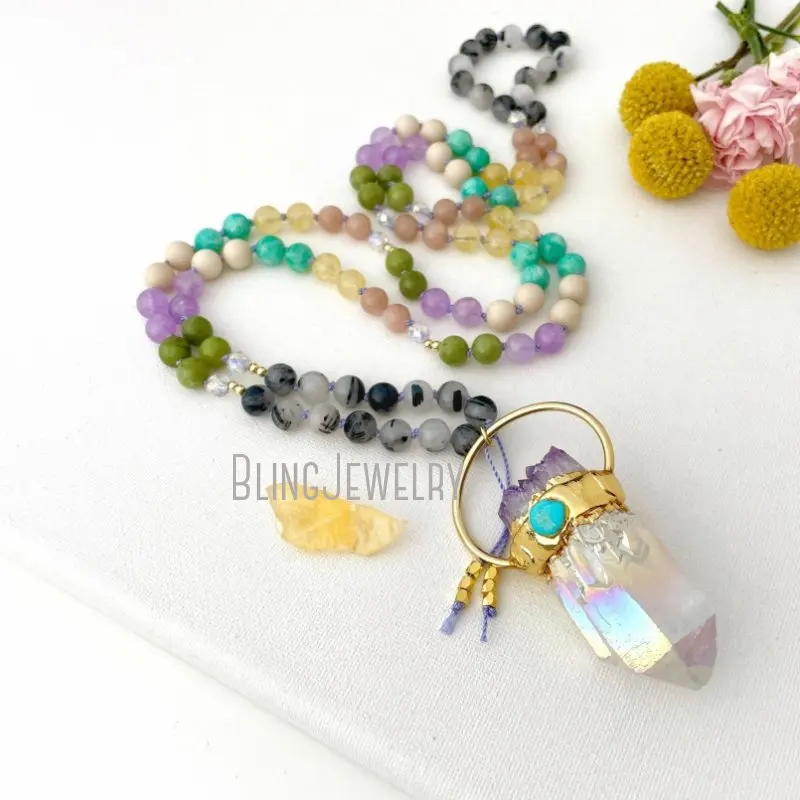 MN43566 Goddess Mala Necklace With Amazonite Amethyst Sunstone Citrine Mystic Aura Quartz  Beads 108  Prayer  Yoga