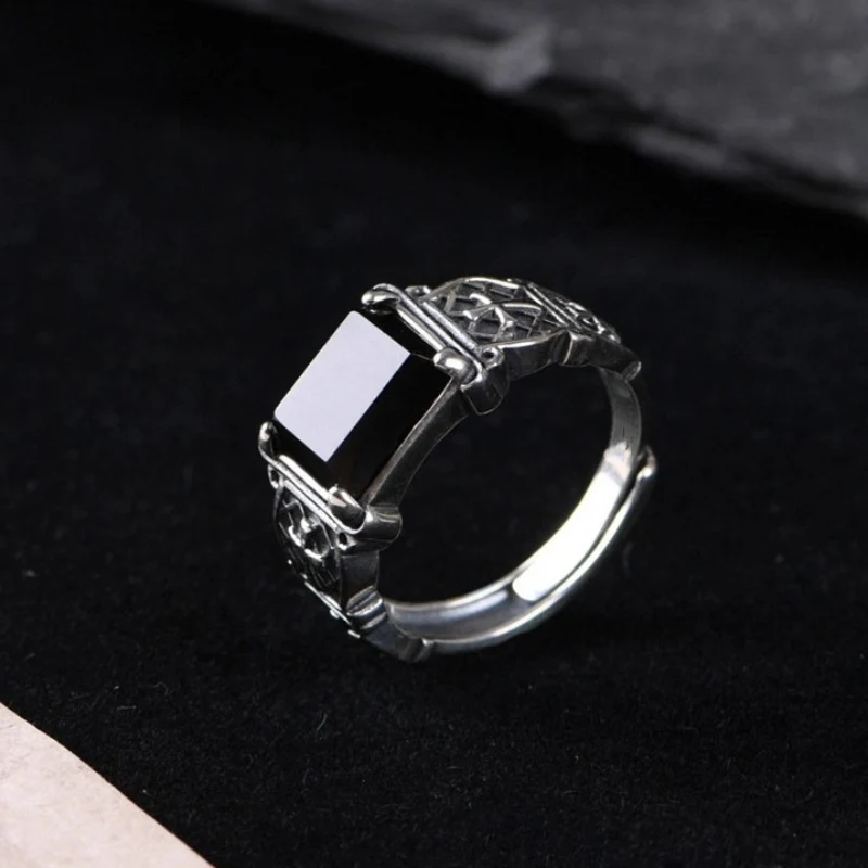 Adjustable Thai Silver Cross Ring Vintage Black Agate Ring Handmade Trendy Versatile Men Finger Jewelry KOFSAC