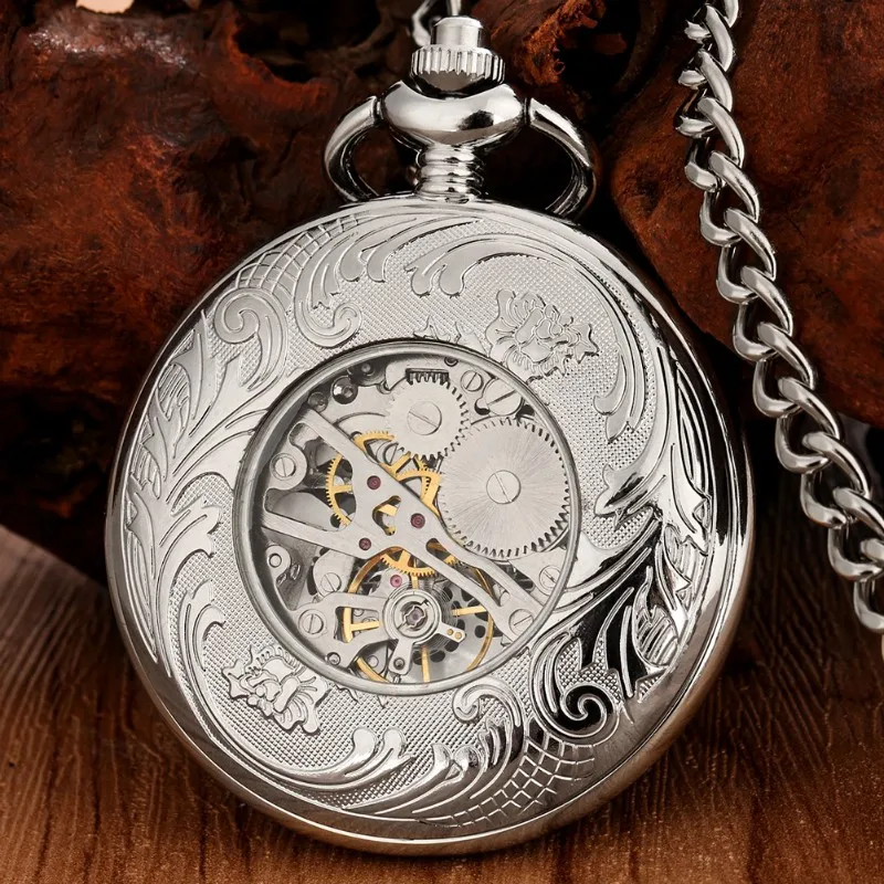 Creative Silvery Engraved Hollow Quartz Pocket Watch With Arabic Numerals Vintage Pendant Necklace for Birthday Gift Chain