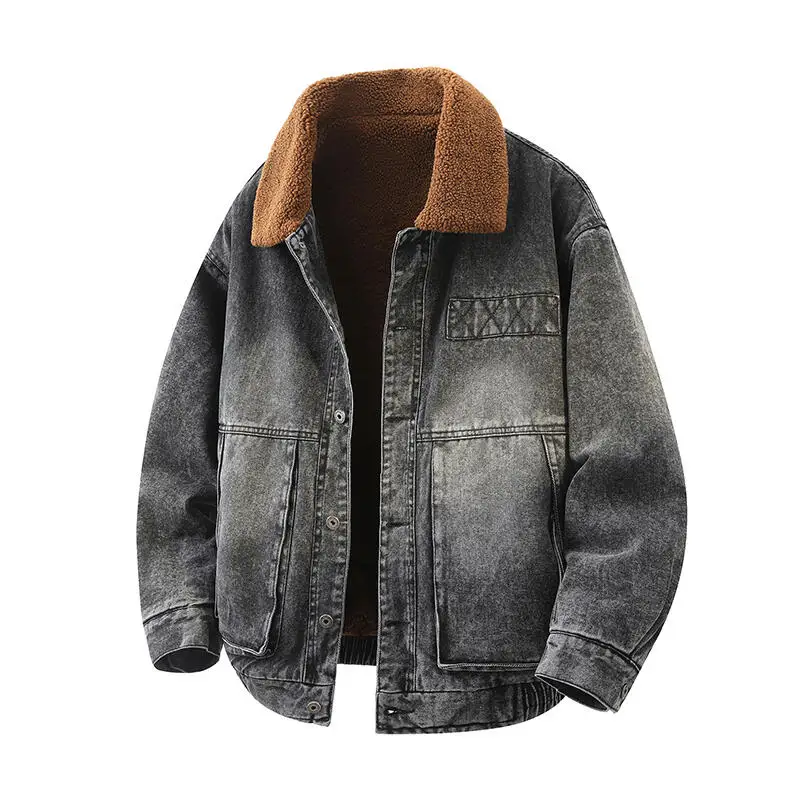 

Зимняя мужская флисовая джинсовая куртка 2025 года, мужская уличная потертая потертая куртка, мужские толстые стеганые куртки, плюшевая верхняя одежда для мужчин