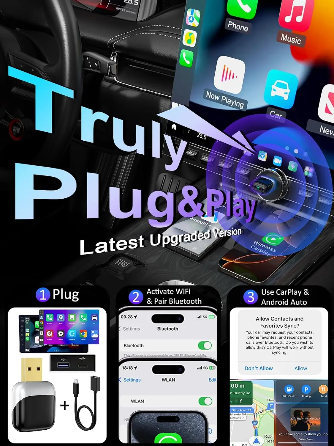 Wireless CarPlay Adapter Car 2025 Upgrade, Mini & Stable 2-in-1 Support Bluetooth Car Play , for iOS 10+/Android 11+ from 2016
