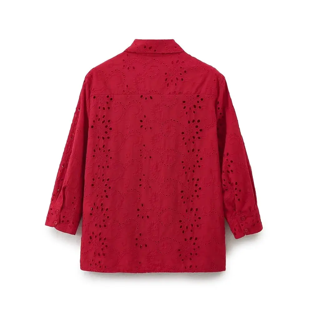 Tangada Women Red Embroidery Cotton Shirt Long Sleeve 2024 Female Blouse Tops 6H0280