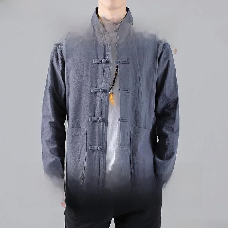 

New Chinese Sle Linen irt Men's Faion Qing Dynas Zhongan Suit Hanfu Traditional Tea Clothing Long Coat M Outerwear