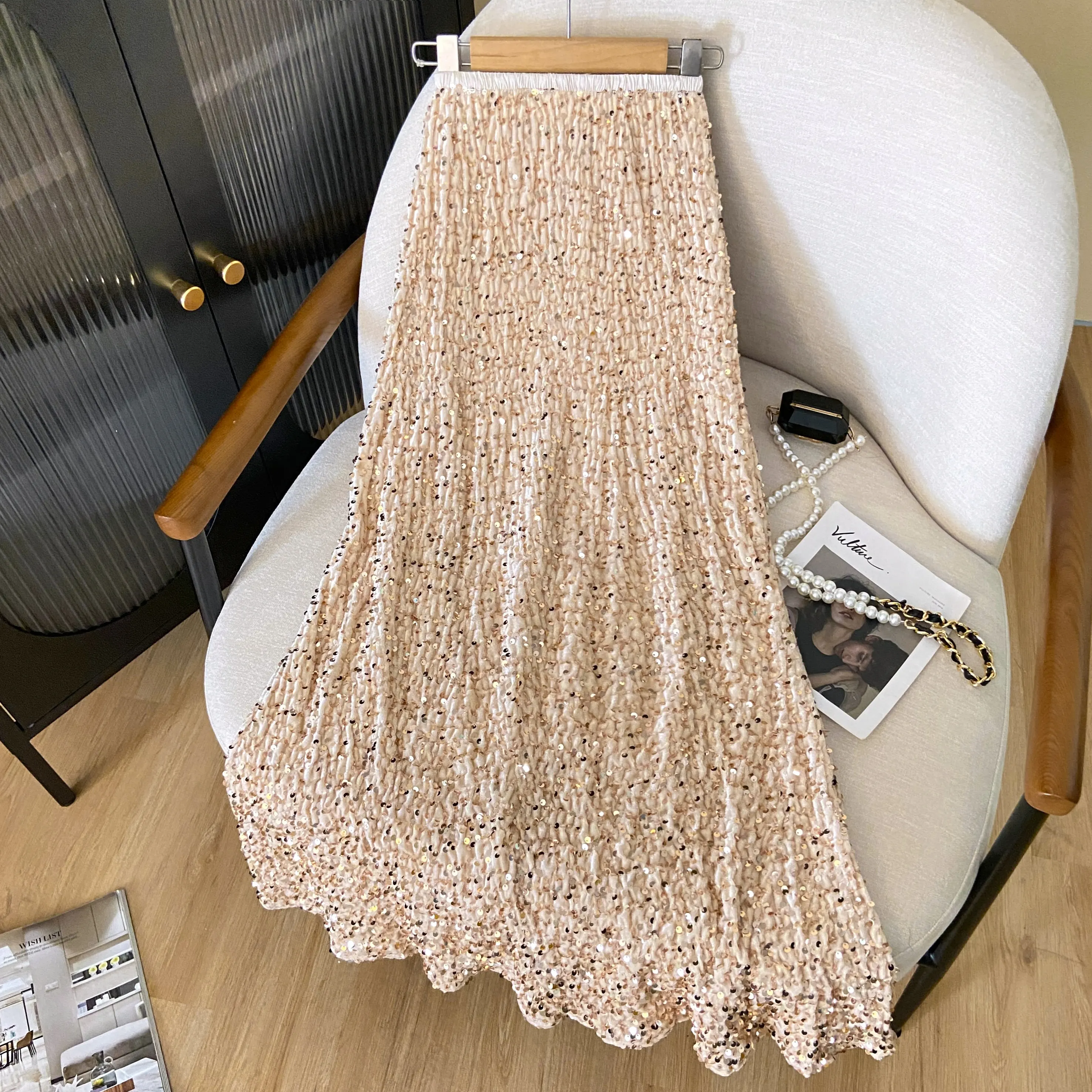 

ZJYT Summer Luxury Sequined Trumpet Skirts for Women Elastic Waist Black Party Evening Long Skirt Faldas 2024 Fashion Designer