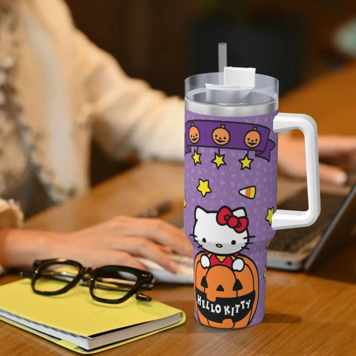 Hello Kitty Halloween Roestvrijstalen Tumbler Reiskoffie Mok Met Rietjes En Deksel Grote Auto Mokken Koud En Warm Water Fles