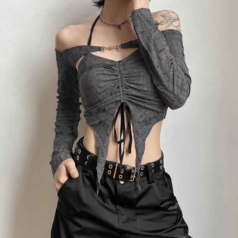 2025 Summer Sexy Drawstring Women T-shirts 2 Piece Set Y2k Distress Camisole Long Sleeve Buckle Tee Tops Hot Girls Clothes