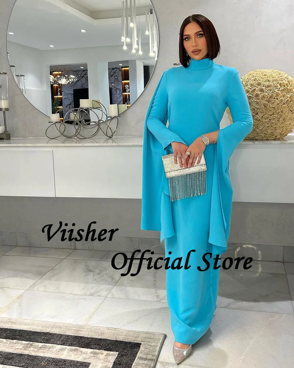 Visher blau Meerjungfrau Abendkleider Langarm High Neck Dubai Prom Party Kleid boden lange formelle Ballkleider