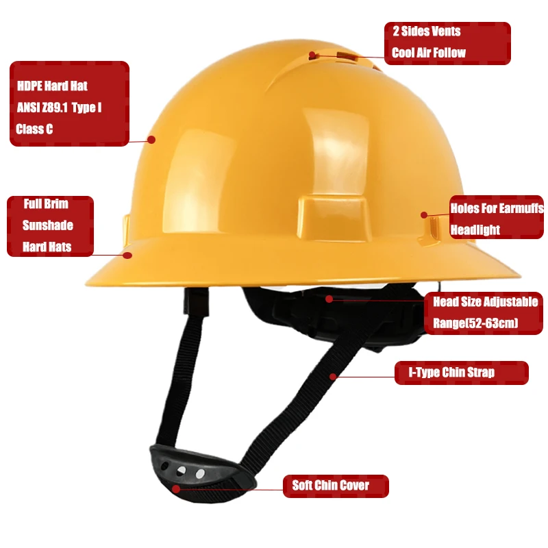 Full Brim Hard Hat For Men Construction Work Cap ANSI Approved Vents HDPE Safety Helmet For Engineer with 6 Point Adjustable