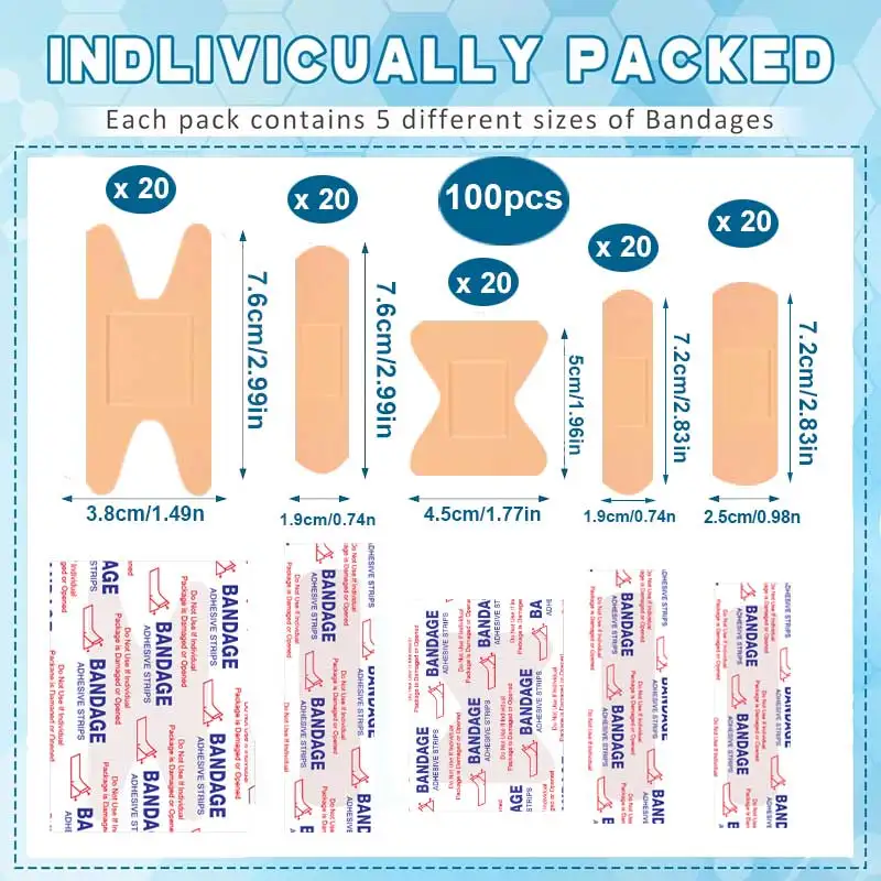100pcs Bandages , Adhesive Fingertip Bandages, Breathable Fabric Wound Care for First Aid, Bulk Set with 5 Styles