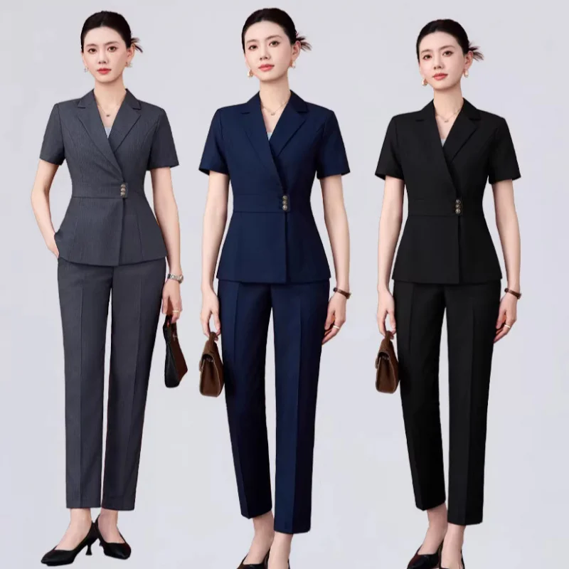 Elegant short-sleeved blazer for women, summer thin professional attire, goddess-style jewelry store workwear set