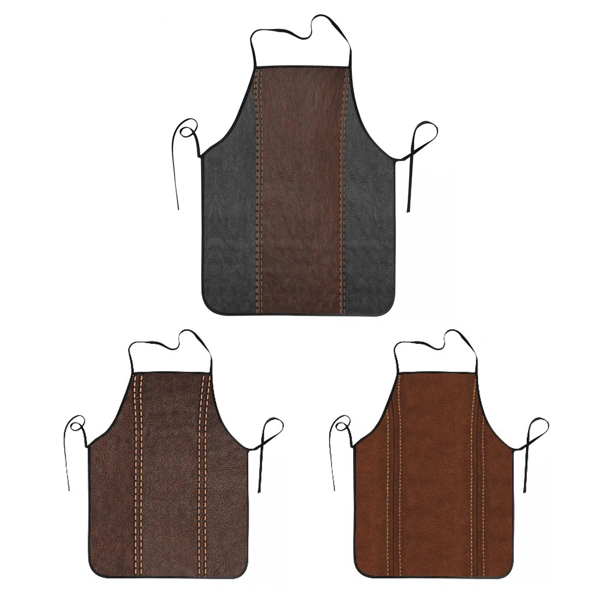 Vintage Black And Brown Stitched Leather Print Apron Women Men Bib Medieval Style Cooking Kitchen Tablier Cuisine Chef Baking