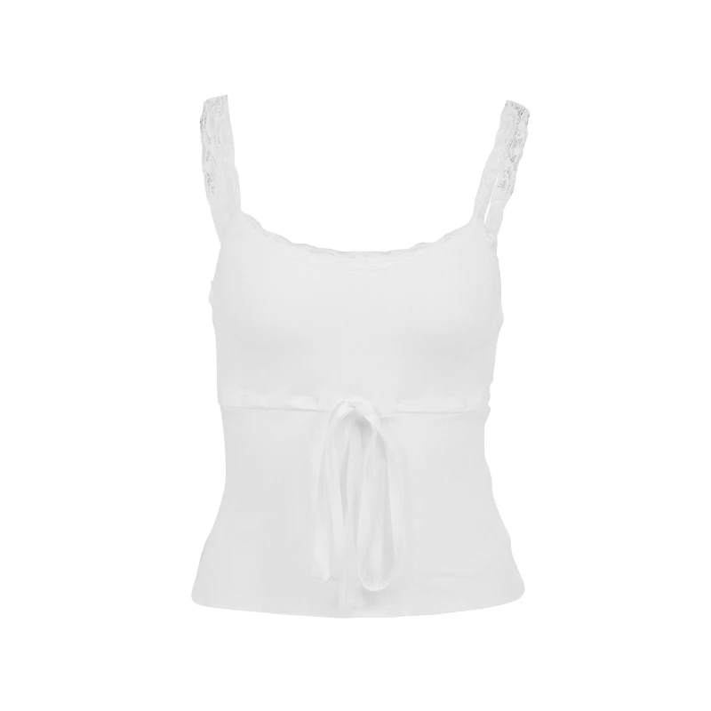 Sexy Lace Camis Women Summer White Sleeveless Bandage Slim O-Neck Crop Top Streetwear Fashion Backless Casual Basic Cropped Top