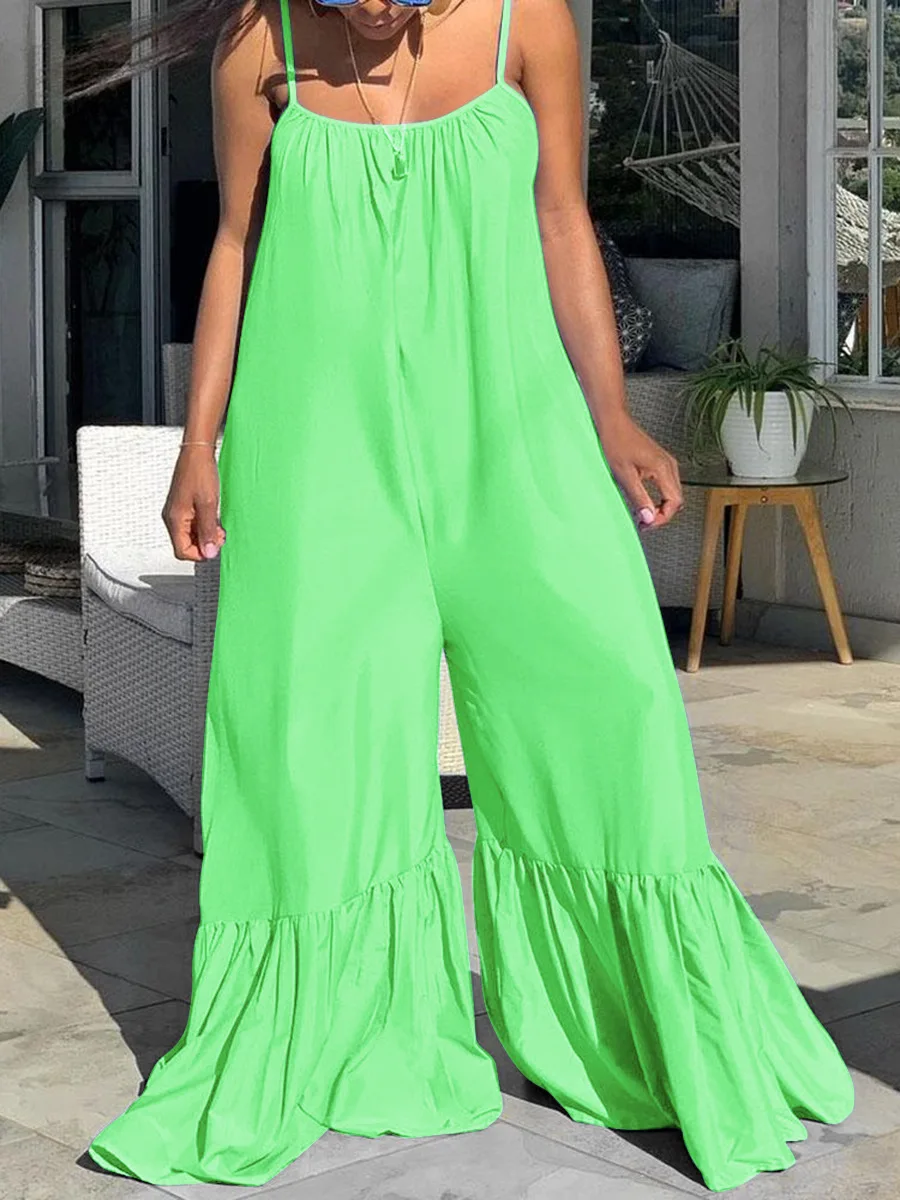 Women Spaghetti Strap Flare Pants Oversized Boho Fashion Loose Jumpsuits High Street Wear Long Jumpsuits Indie Style Bodycon New