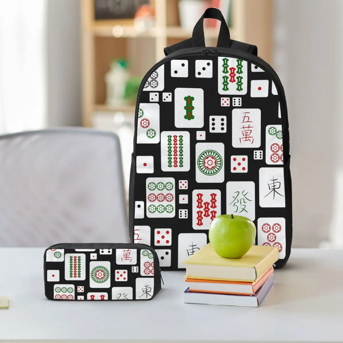 Mahjong Tiles Game Dice Backpack Boys Girls BookBag School Bag Shoulder Bags 3ps Insulated Lunch Bag Pencil Case