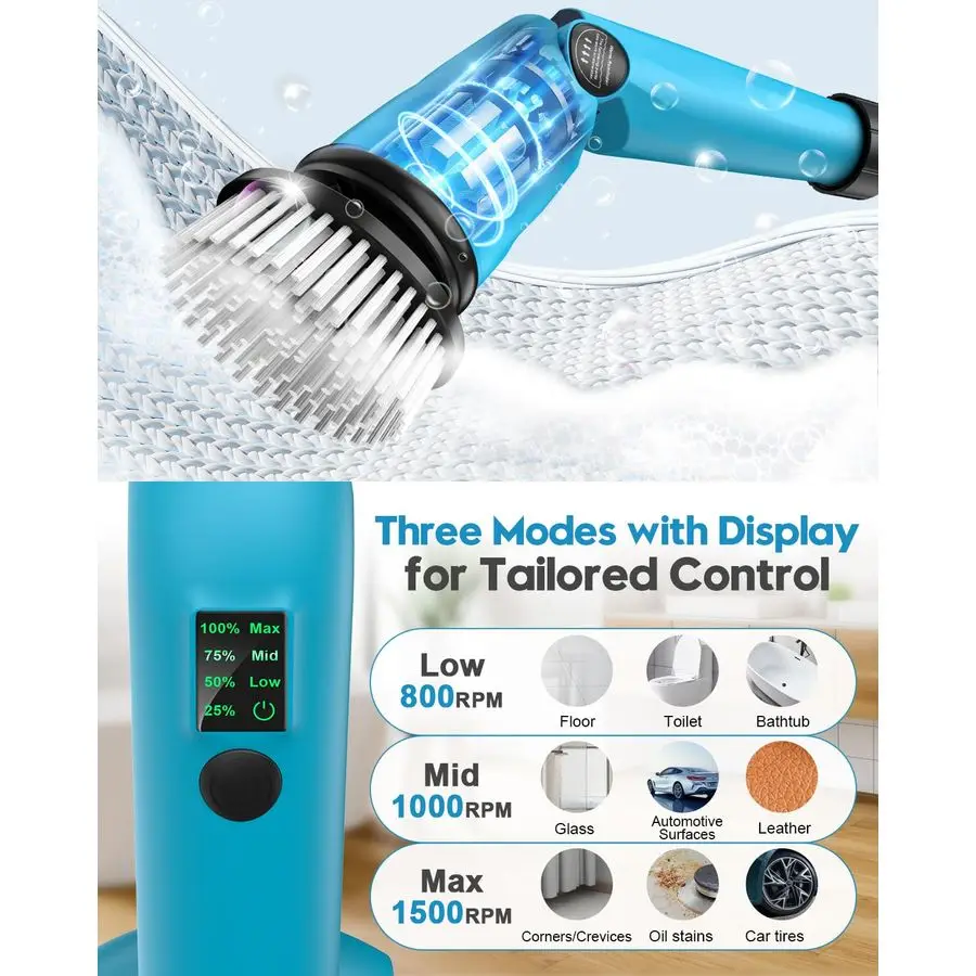 1500 RPM Battery Electric Spin Scrubber with Handle, 8 Replaceable Shower Scrubber amp 2 Battery Powered Cleaning Brush with Dis