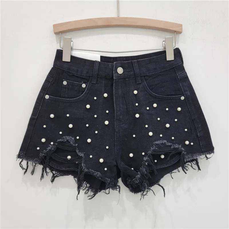 Heavy Industry Beads Ripped Denim A- Line Shorts Women 204 Summer High Waist Loose Slimming Frayed Hot Girl Wide-Leg Pants