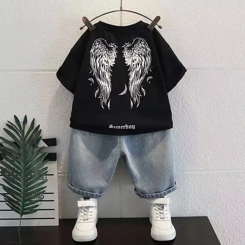Baby Boys Summer Clothes Short Sleeve Wing Print Pullover T-Shirt+Jeans Shorts 2PCS New Kids 1  3  5  7 9 11 Years Sport Outfits