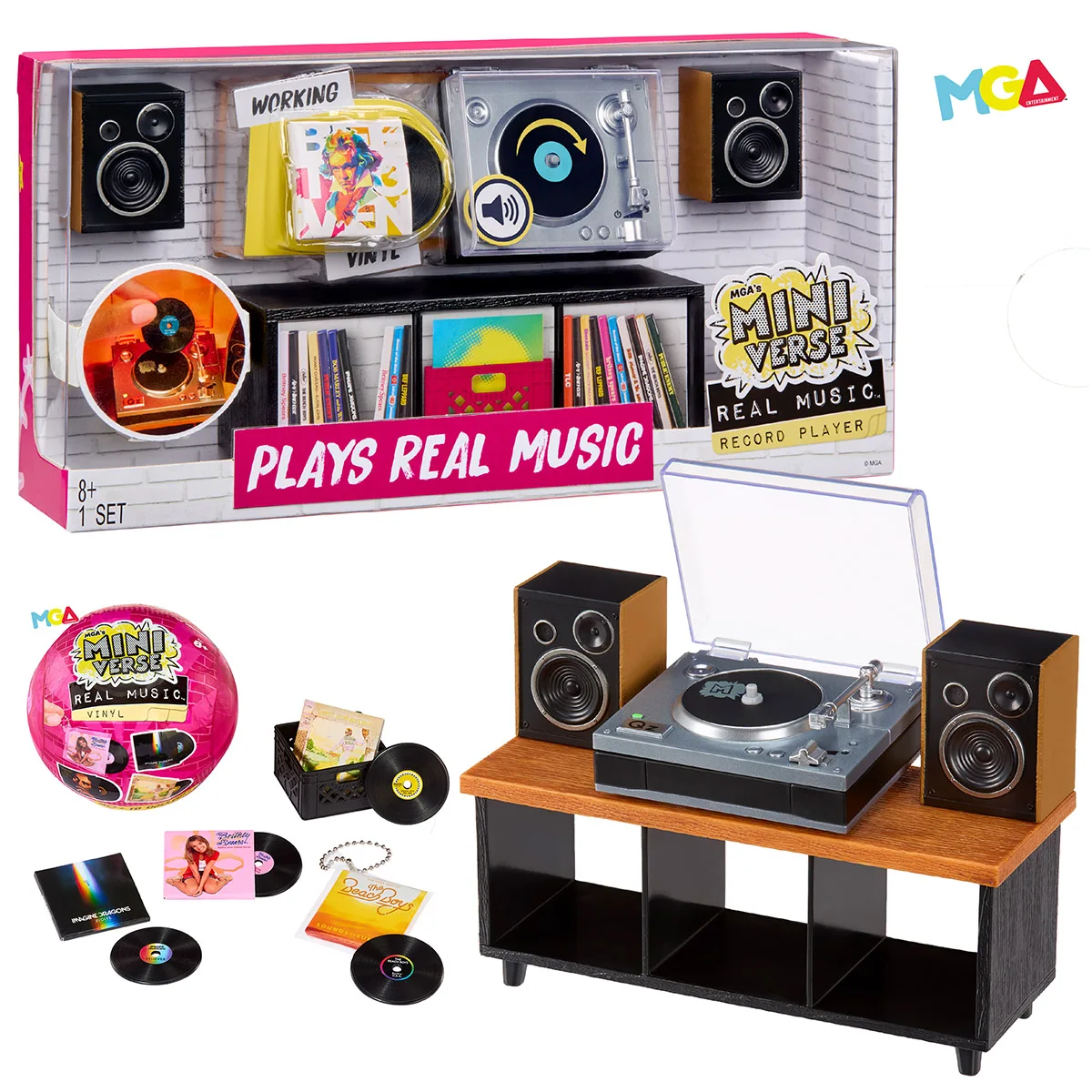 Oficial MGA'S Miniverse Make It Mini Real Music Caixa Surpresa de Vinil com Toca-Discos, Brinquedo Musical Artístico em Miniatura